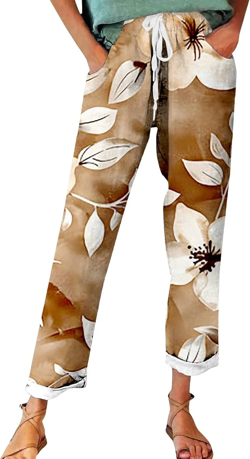 Flowy Linen Pants Summer Wide Leg Pants Drawstring Elastic Waist Pants High Waisted Pants Casual Beach Trousers Boho