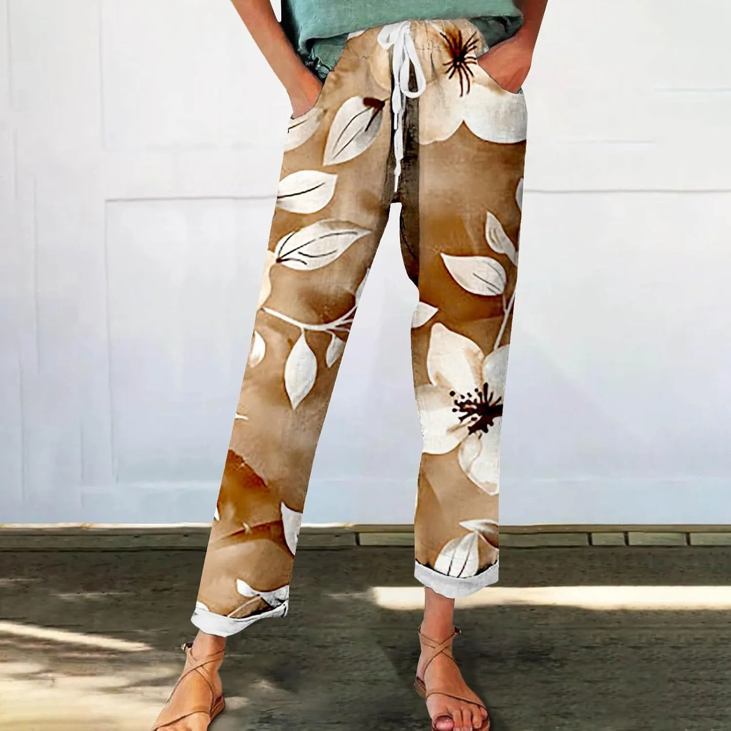 Flowy Linen Pants Summer Wide Leg Pants Drawstring Elastic Waist Pants High Waisted Pants Casual Beach Trousers Boho