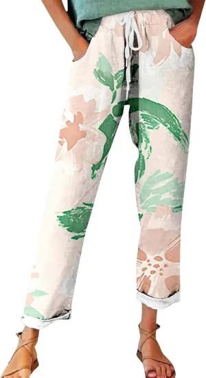 Flowy Linen Pants Summer Wide Leg Pants Drawstring Elastic Waist Pants High Waisted Pants Casual Beach Trousers Boho