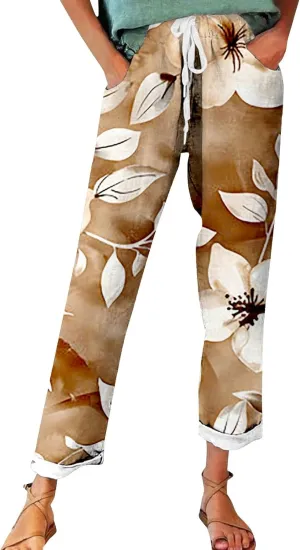 Flowy Linen Pants Summer Wide Leg Pants Drawstring Elastic Waist Pants High Waisted Pants Casual Beach Trousers Boho