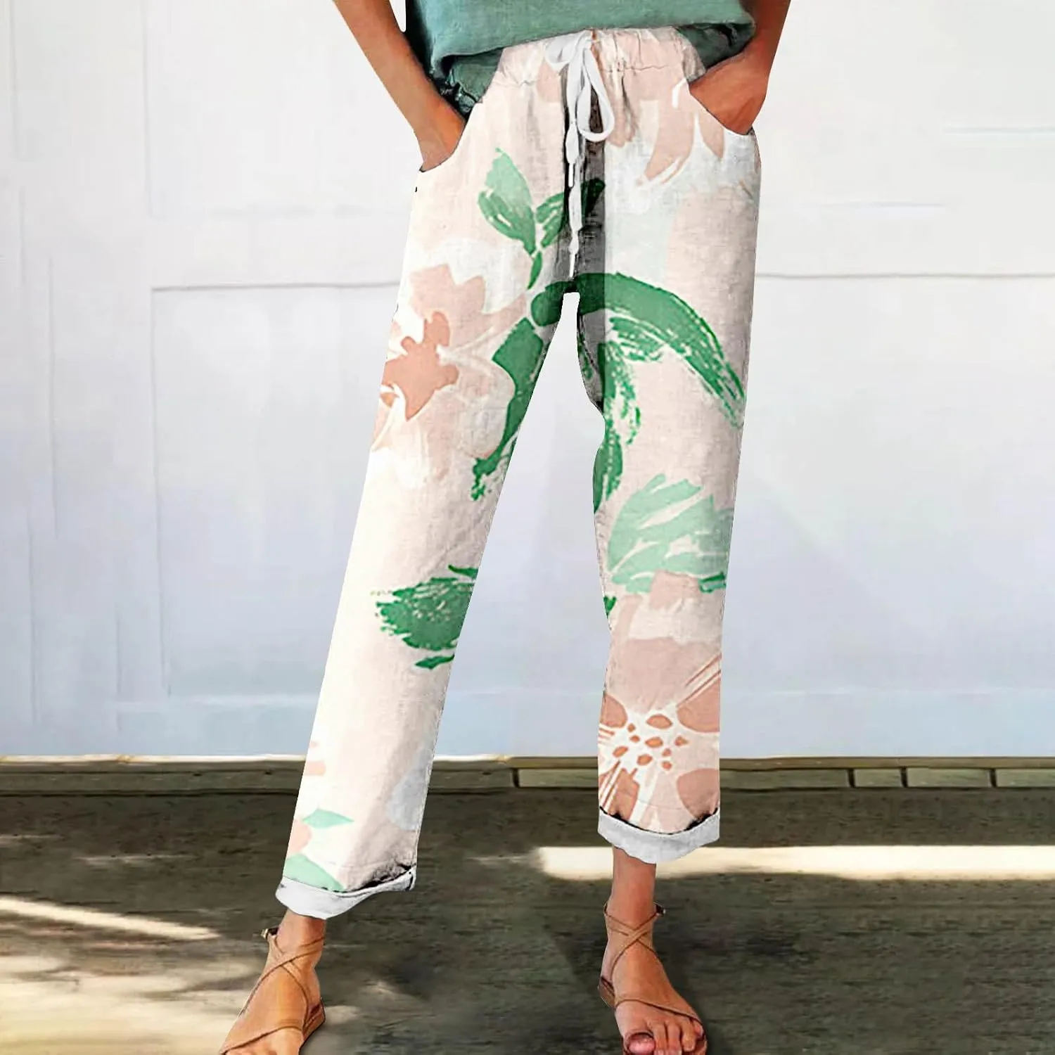 Flowy Linen Pants Summer Wide Leg Pants Drawstring Elastic Waist Pants High Waisted Pants Casual Beach Trousers Boho