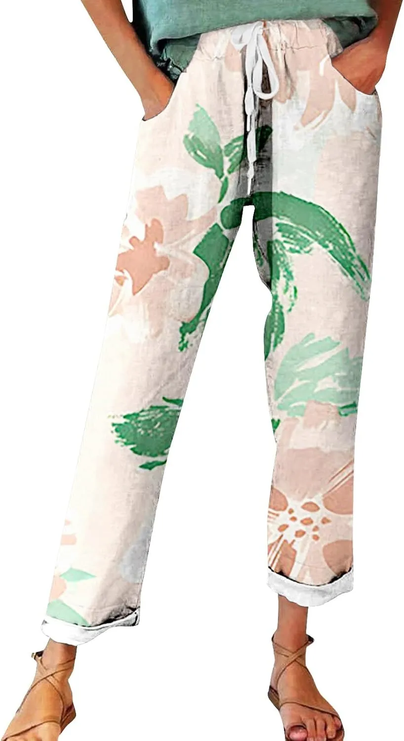 Flowy Linen Pants Summer Wide Leg Pants Drawstring Elastic Waist Pants High Waisted Pants Casual Beach Trousers Boho