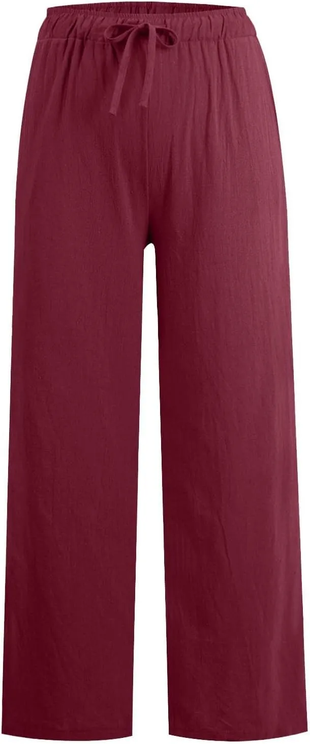 Geleglaer Linen Pants for Women Summer Lightweight Drawstring High Waisted Pants Casual Loose Wide Leg Trousers with Pockets