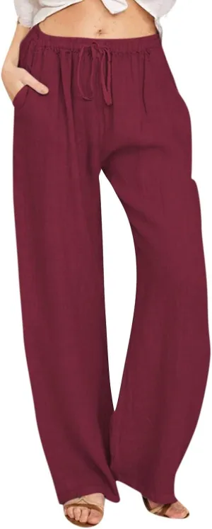 Geleglaer Linen Pants for Women Summer Lightweight Drawstring High Waisted Pants Casual Loose Wide Leg Trousers with Pockets