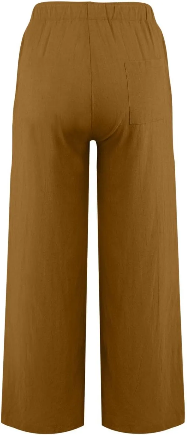 Geleglaer Linen Pants for Women Summer Lightweight Drawstring High Waisted Pants Casual Loose Wide Leg Trousers with Pockets