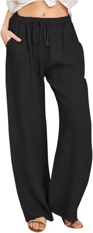 Geleglaer Linen Pants for Women Summer Lightweight Drawstring High Waisted Pants Casual Loose Wide Leg Trousers with Pockets