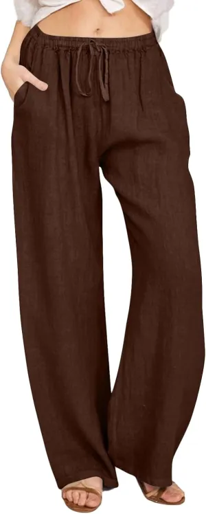 Geleglaer Linen Pants for Women Summer Lightweight Drawstring High Waisted Pants Casual Loose Wide Leg Trousers with Pockets