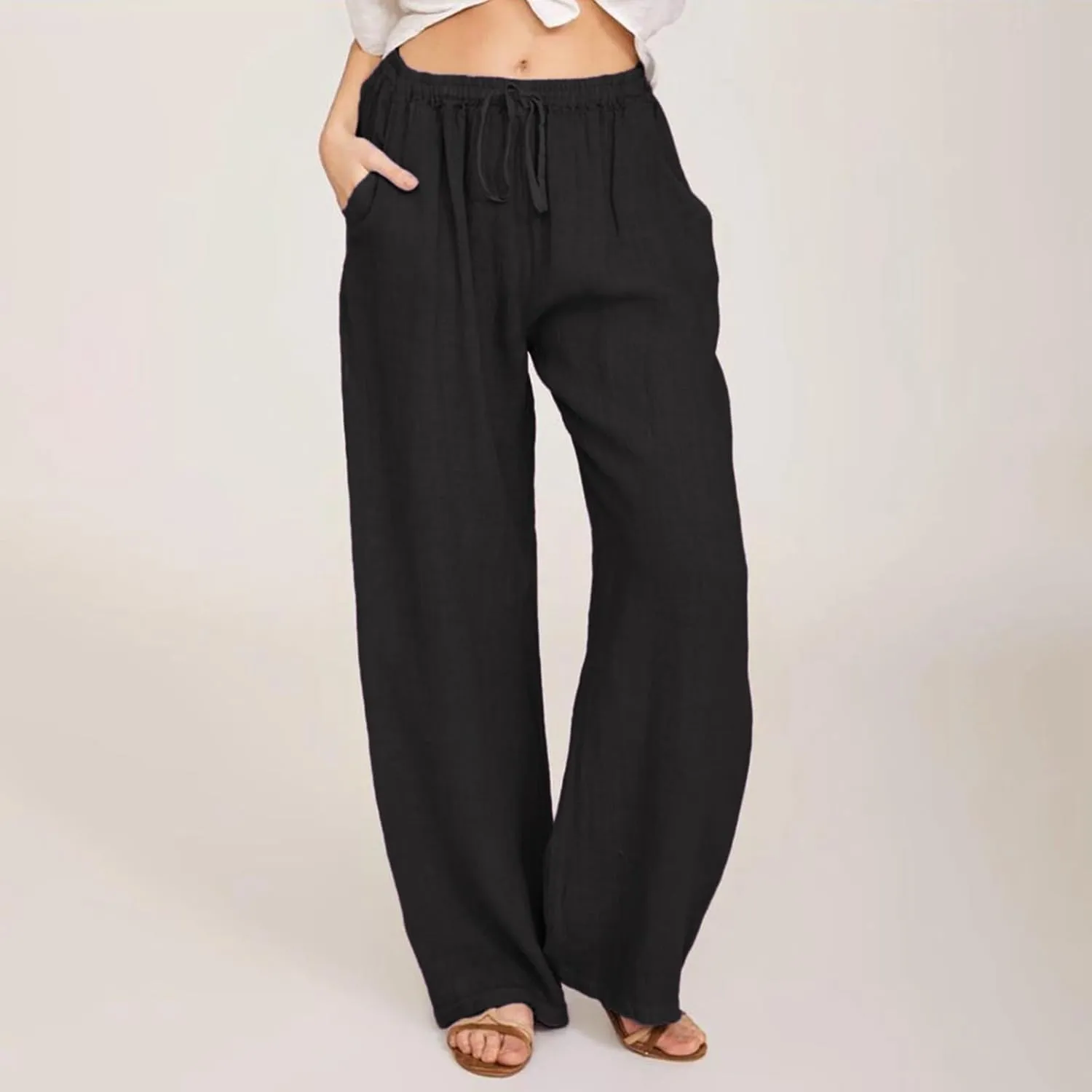Geleglaer Linen Pants for Women Summer Lightweight Drawstring High Waisted Pants Casual Loose Wide Leg Trousers with Pockets