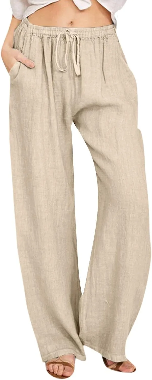 Geleglaer Linen Pants for Women Summer Lightweight Drawstring High Waisted Pants Casual Loose Wide Leg Trousers with Pockets