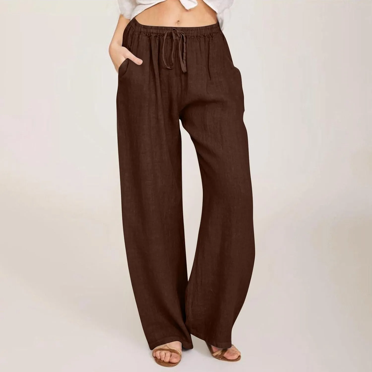 Geleglaer Linen Pants for Women Summer Lightweight Drawstring High Waisted Pants Casual Loose Wide Leg Trousers with Pockets