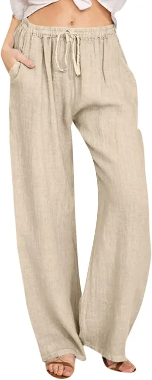 Geleglaer Linen Pants for Women Summer Lightweight Drawstring High Waisted Pants Casual Loose Wide Leg Trousers with Pockets