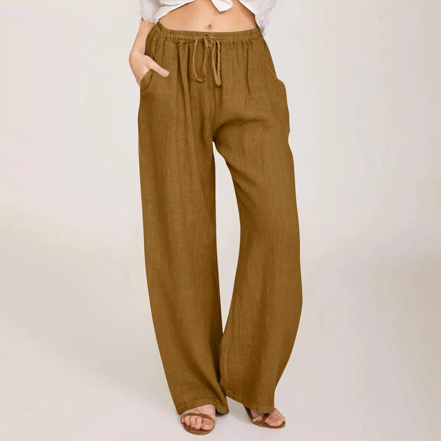 Geleglaer Linen Pants for Women Summer Lightweight Drawstring High Waisted Pants Casual Loose Wide Leg Trousers with Pockets
