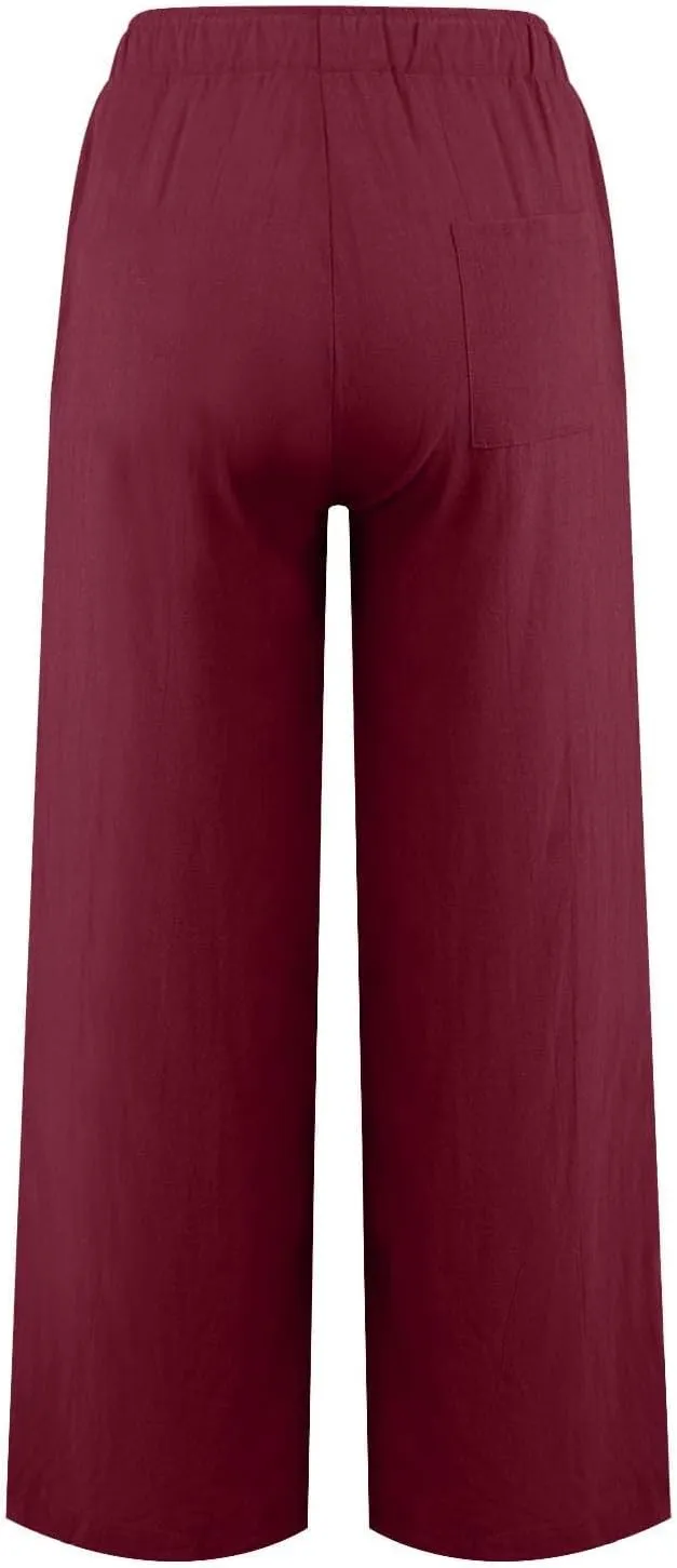 Geleglaer Linen Pants for Women Summer Lightweight Drawstring High Waisted Pants Casual Loose Wide Leg Trousers with Pockets
