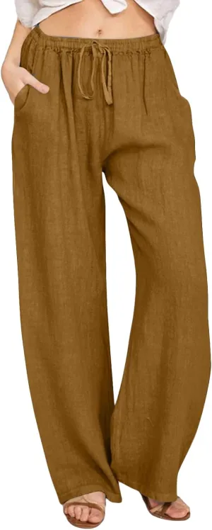 Geleglaer Linen Pants for Women Summer Lightweight Drawstring High Waisted Pants Casual Loose Wide Leg Trousers with Pockets