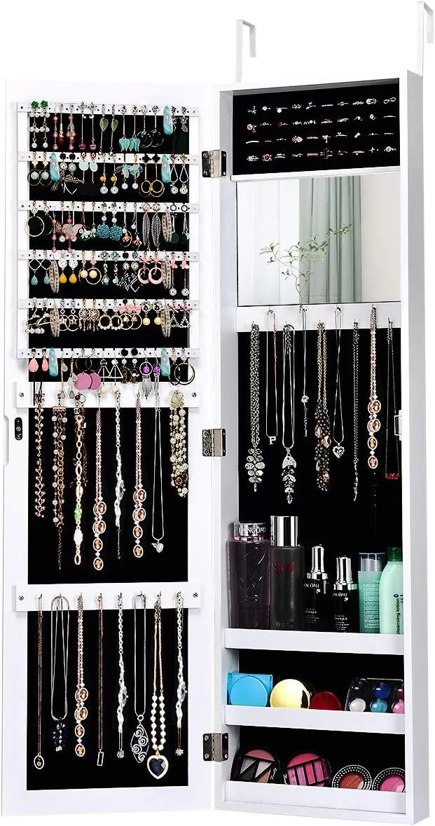 Giantex Wall Door Mounted Mirrored Jewelry Cabinet Jewelry Armoire Storage Organizer with Full Length Mirror Jewelry Cabinets (White)
