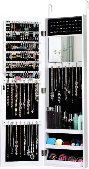 Giantex Wall Door Mounted Mirrored Jewelry Cabinet Jewelry Armoire Storage Organizer with Full Length Mirror Jewelry Cabinets (White)
