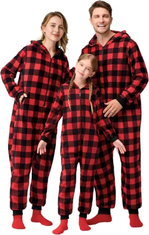 Giggling Getup Red Mens Adult Christmas Pajamas, Flannel Buffalo Plaid Pajamas Adults with Hood for Holiday Pajamas Jumpsuit-M