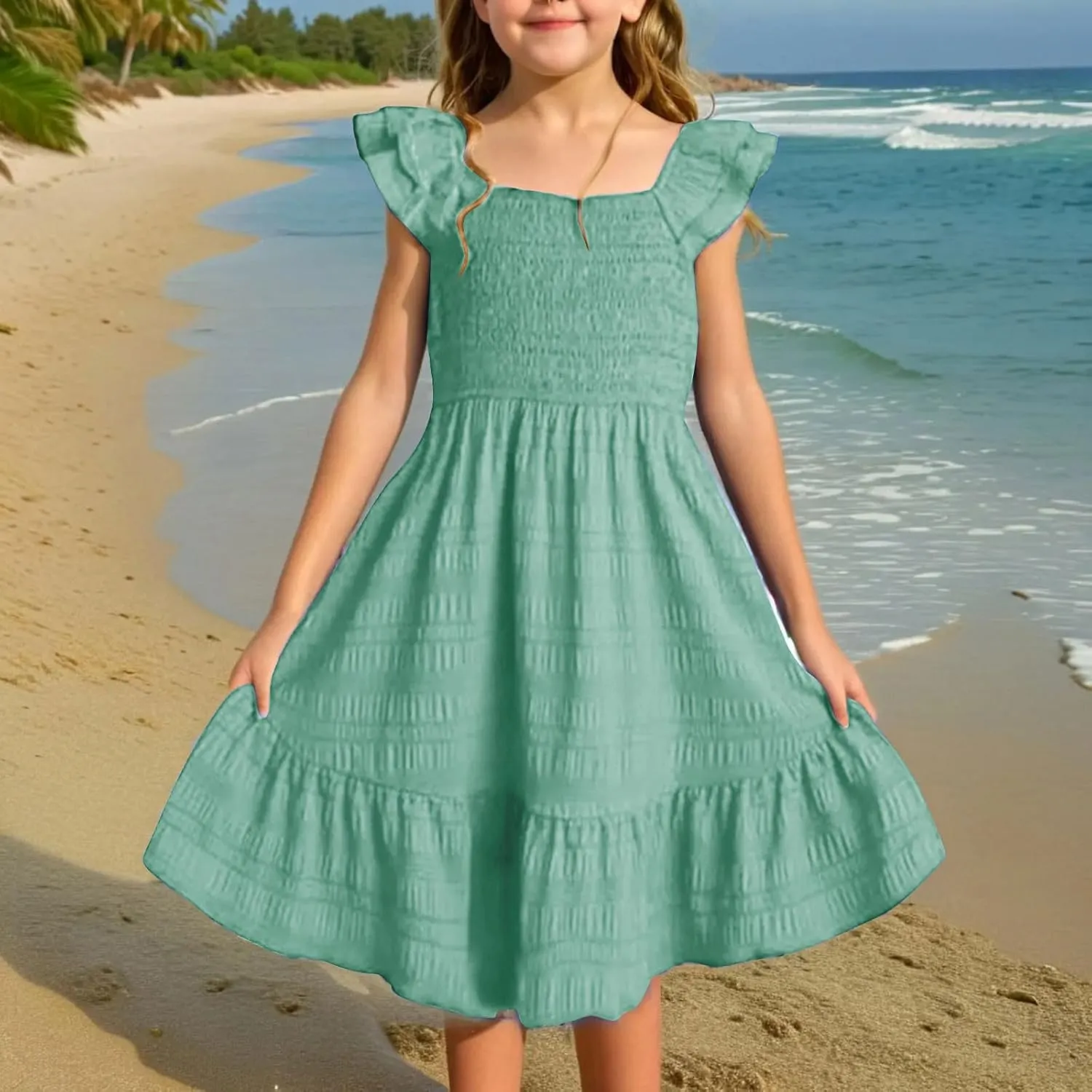 Girls Casual Dress Summer Flutter Sleeve Swing Dresses Kids Smocked Ruffle Mini Skirts Solid Color Tiered Sundress