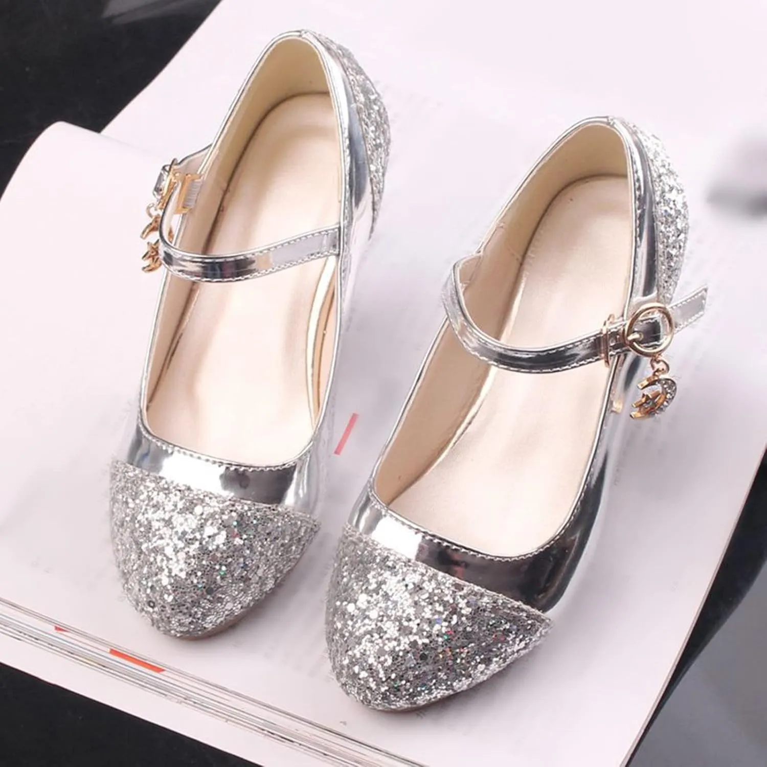 Girls Mary Jane Dress Shoes Rhinestones Sparkle Flower Girl Wedding Low Heels Toddler Girls Pump Dress Shoes for Girls