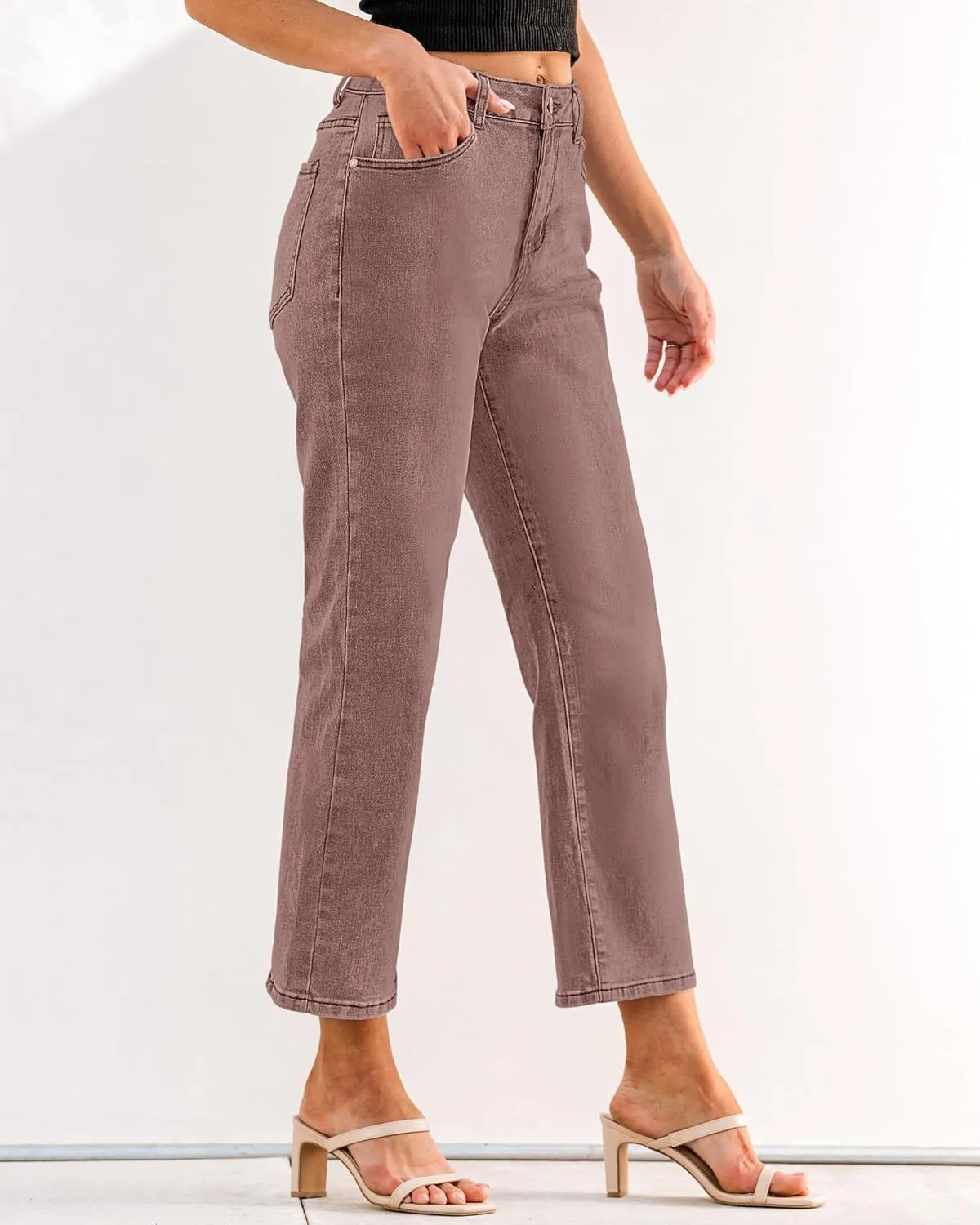 GRAPENT Jeans for Women Trendy High Waisted Baggy Straight Leg Stretchy Denim Ankle Pants Cropped Jeans with Pockets