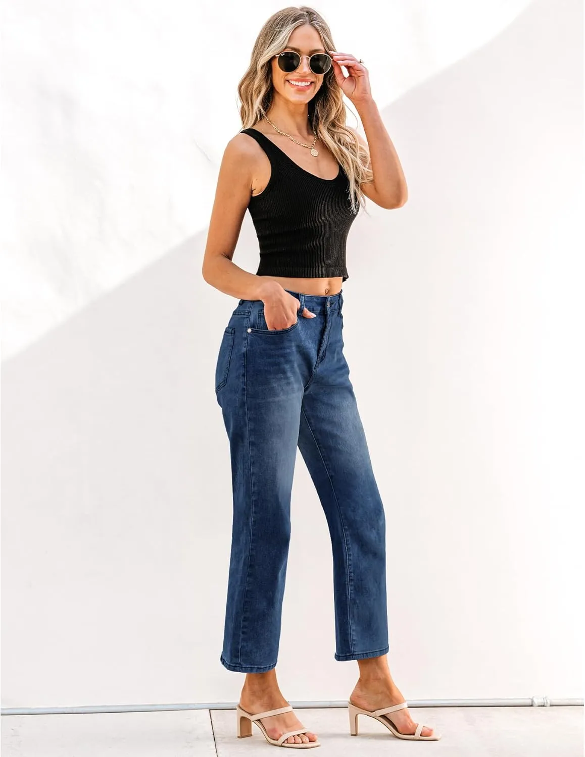 GRAPENT Jeans for Women Trendy High Waisted Baggy Straight Leg Stretchy Denim Ankle Pants Cropped Jeans with Pockets
