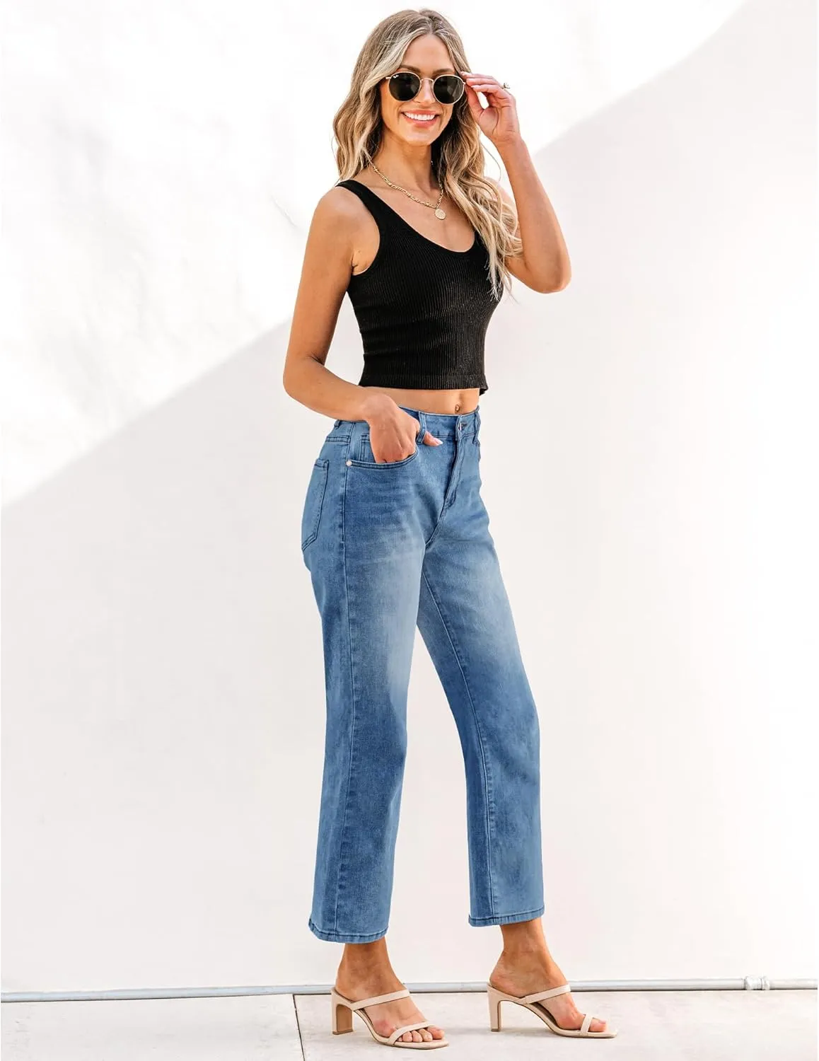 GRAPENT Jeans for Women Trendy High Waisted Baggy Straight Leg Stretchy Denim Ankle Pants Cropped Jeans with Pockets