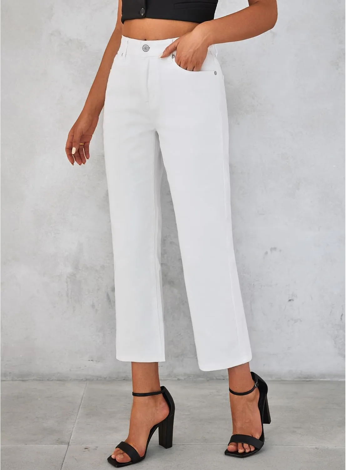 GRAPENT Jeans for Women Trendy High Waisted Baggy Straight Leg Stretchy Denim Ankle Pants Cropped Jeans with Pockets