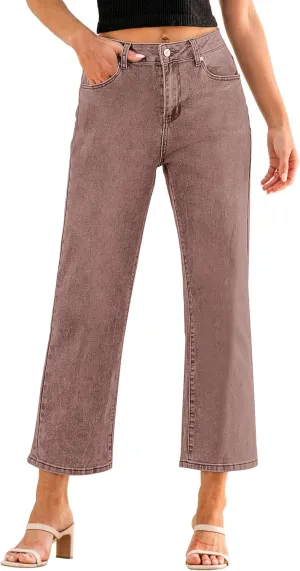 GRAPENT Jeans for Women Trendy High Waisted Baggy Straight Leg Stretchy Denim Ankle Pants Cropped Jeans with Pockets