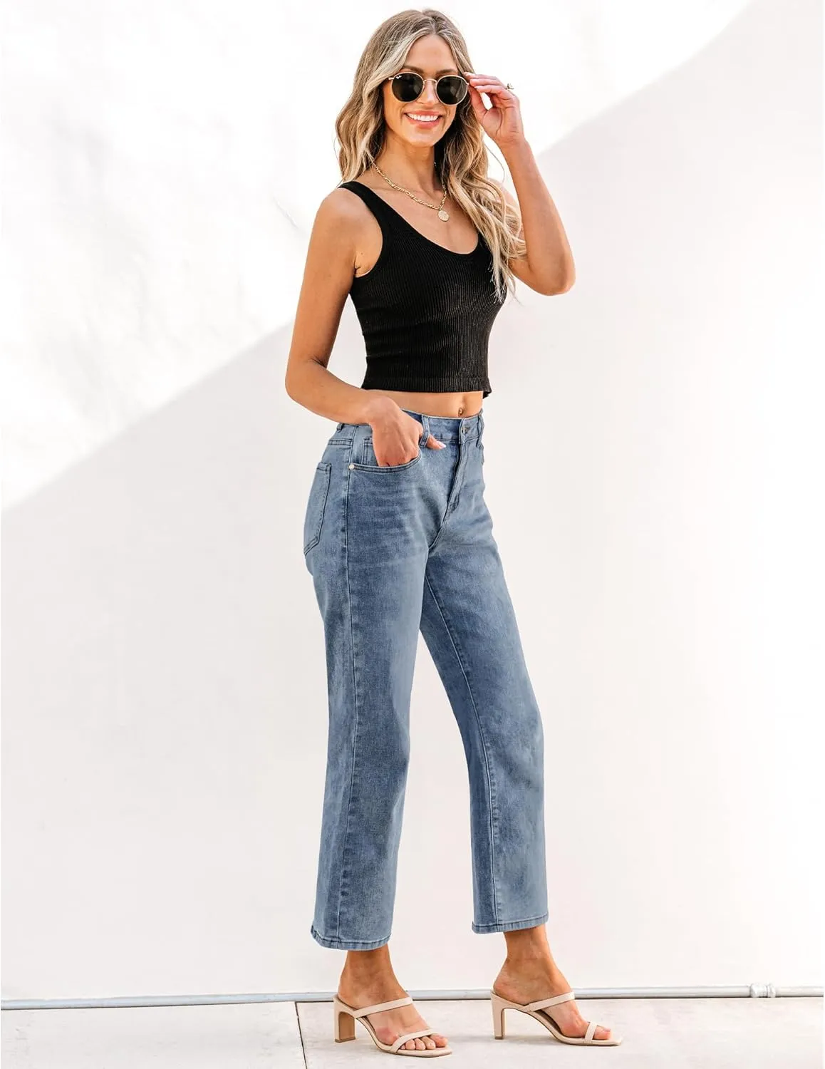 GRAPENT Jeans for Women Trendy High Waisted Baggy Straight Leg Stretchy Denim Ankle Pants Cropped Jeans with Pockets