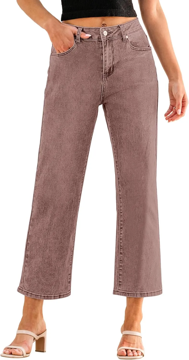 GRAPENT Jeans for Women Trendy High Waisted Baggy Straight Leg Stretchy Denim Ankle Pants Cropped Jeans with Pockets