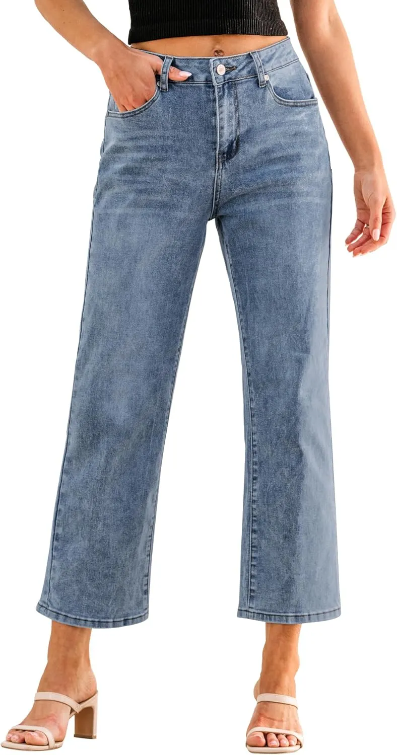 GRAPENT Jeans for Women Trendy High Waisted Baggy Straight Leg Stretchy Denim Ankle Pants Cropped Jeans with Pockets