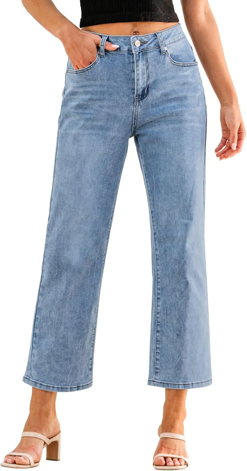 GRAPENT Jeans for Women Trendy High Waisted Baggy Straight Leg Stretchy Denim Ankle Pants Cropped Jeans with Pockets