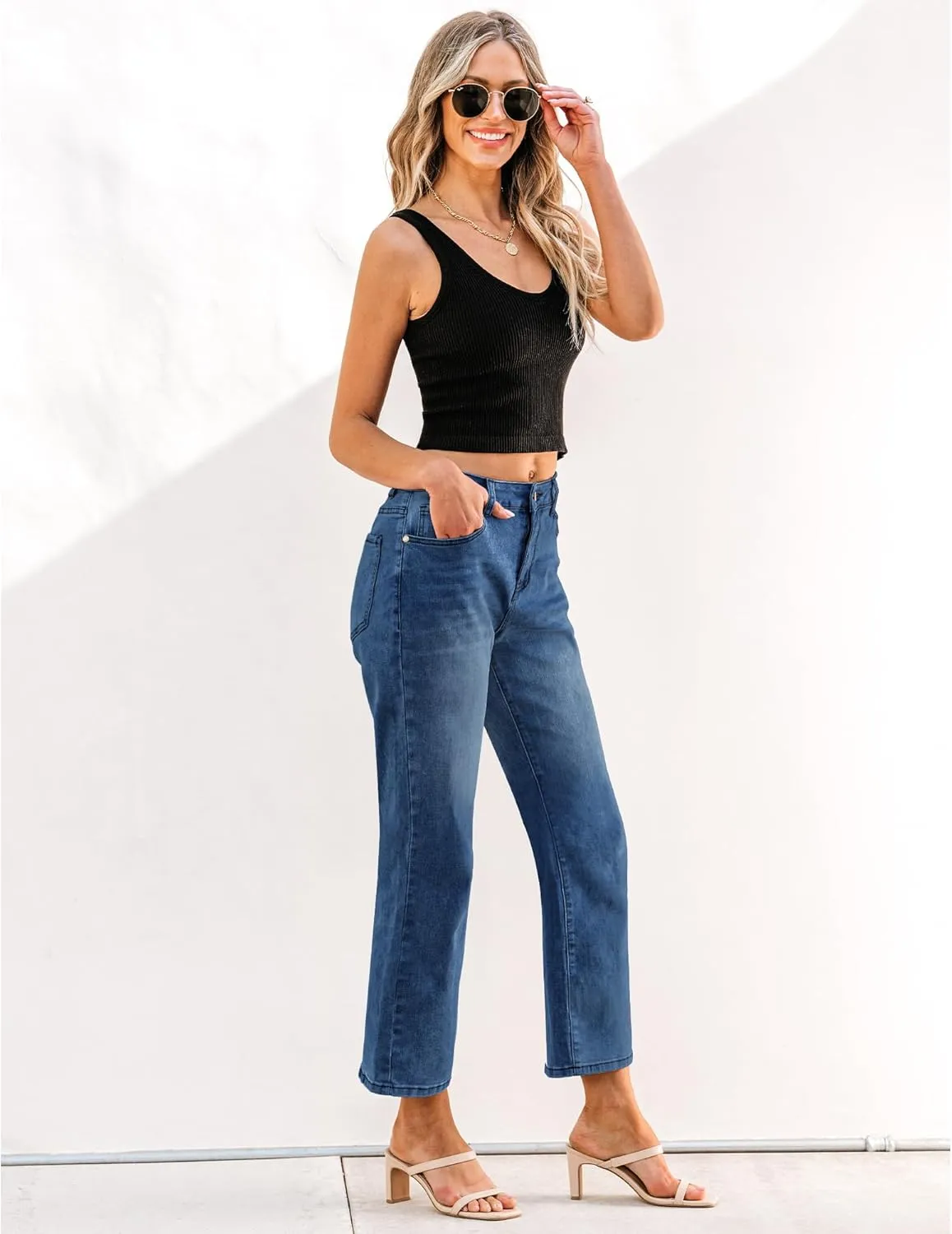 GRAPENT Jeans for Women Trendy High Waisted Baggy Straight Leg Stretchy Denim Ankle Pants Cropped Jeans with Pockets