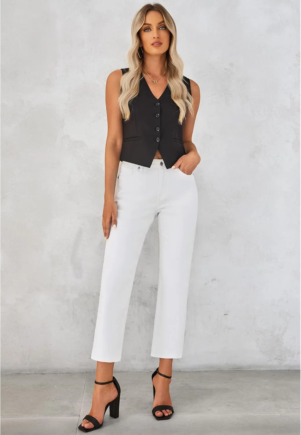 GRAPENT Jeans for Women Trendy High Waisted Baggy Straight Leg Stretchy Denim Ankle Pants Cropped Jeans with Pockets