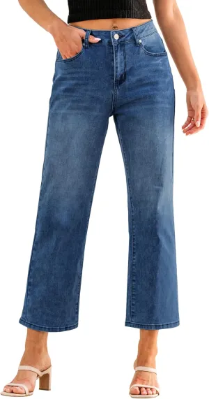 GRAPENT Jeans for Women Trendy High Waisted Baggy Straight Leg Stretchy Denim Ankle Pants Cropped Jeans with Pockets