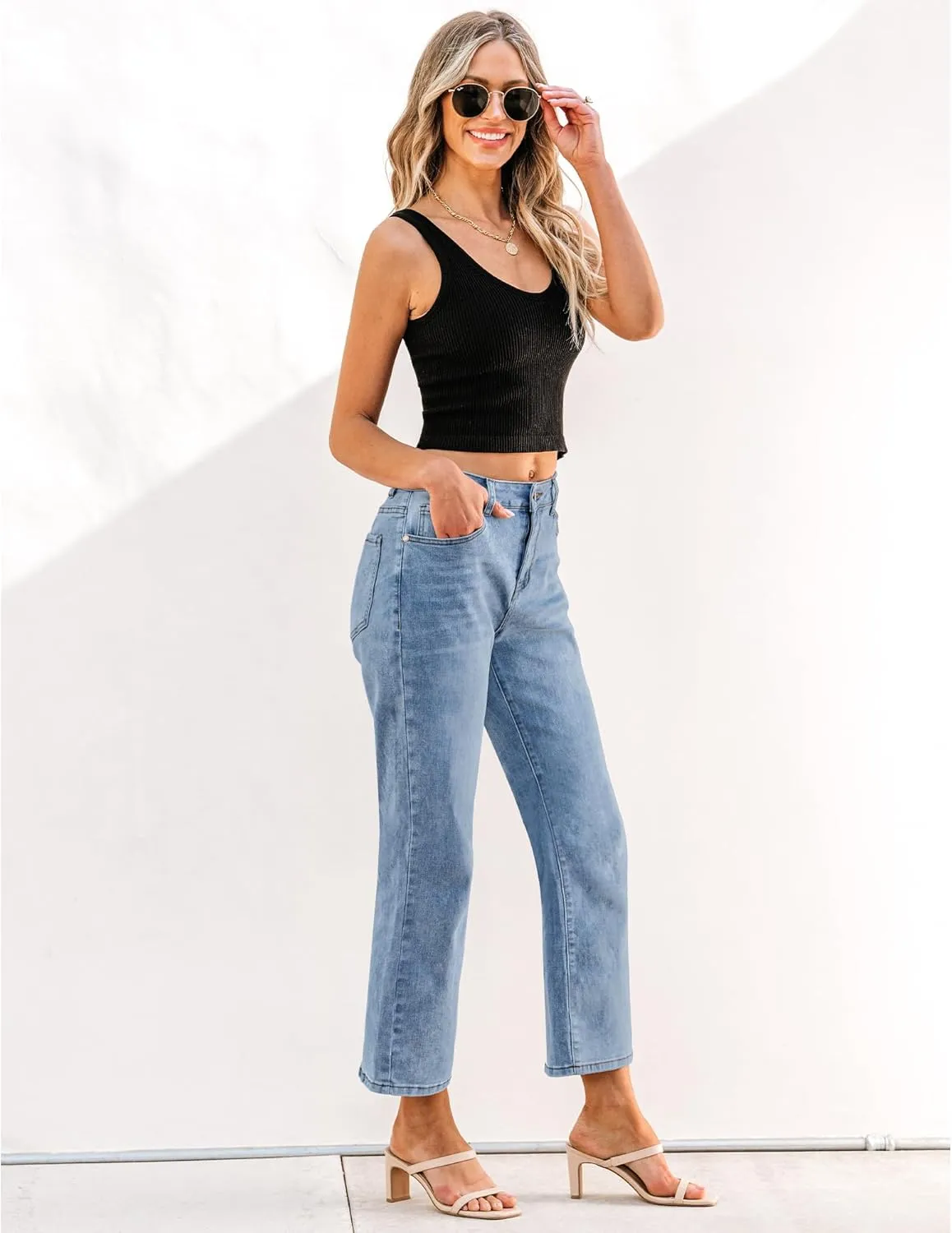 GRAPENT Jeans for Women Trendy High Waisted Baggy Straight Leg Stretchy Denim Ankle Pants Cropped Jeans with Pockets