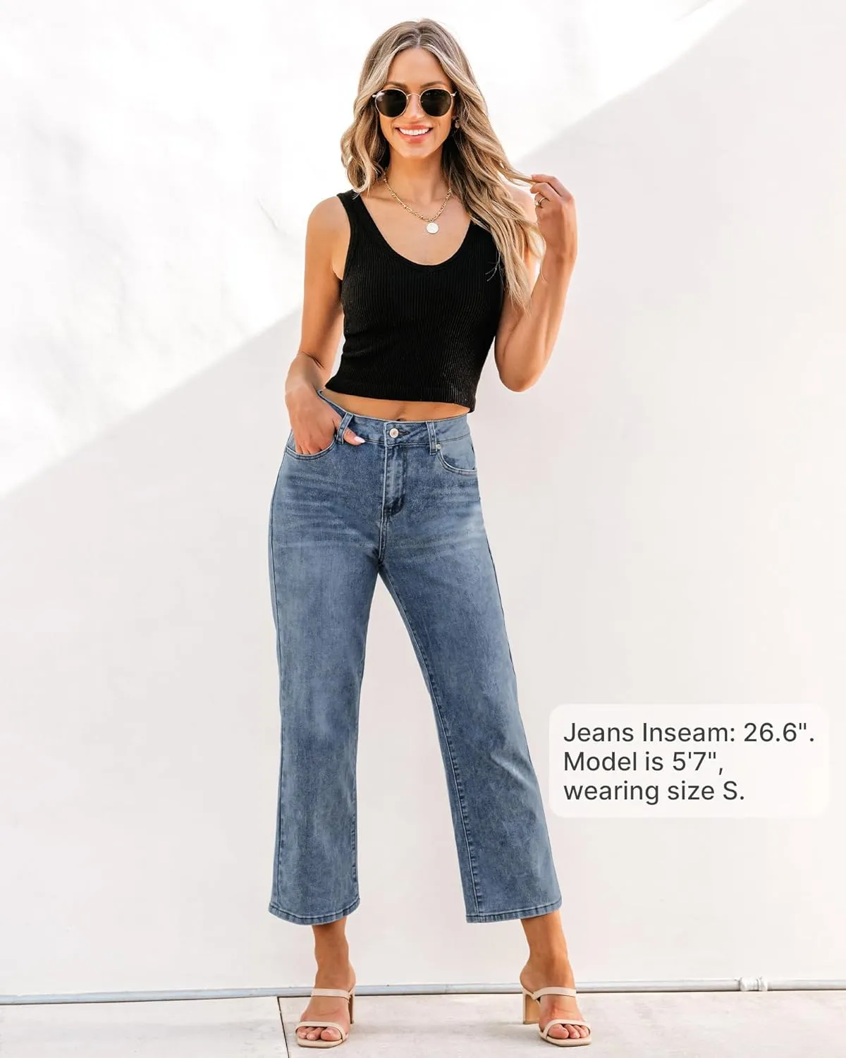 GRAPENT Jeans for Women Trendy High Waisted Baggy Straight Leg Stretchy Denim Ankle Pants Cropped Jeans with Pockets