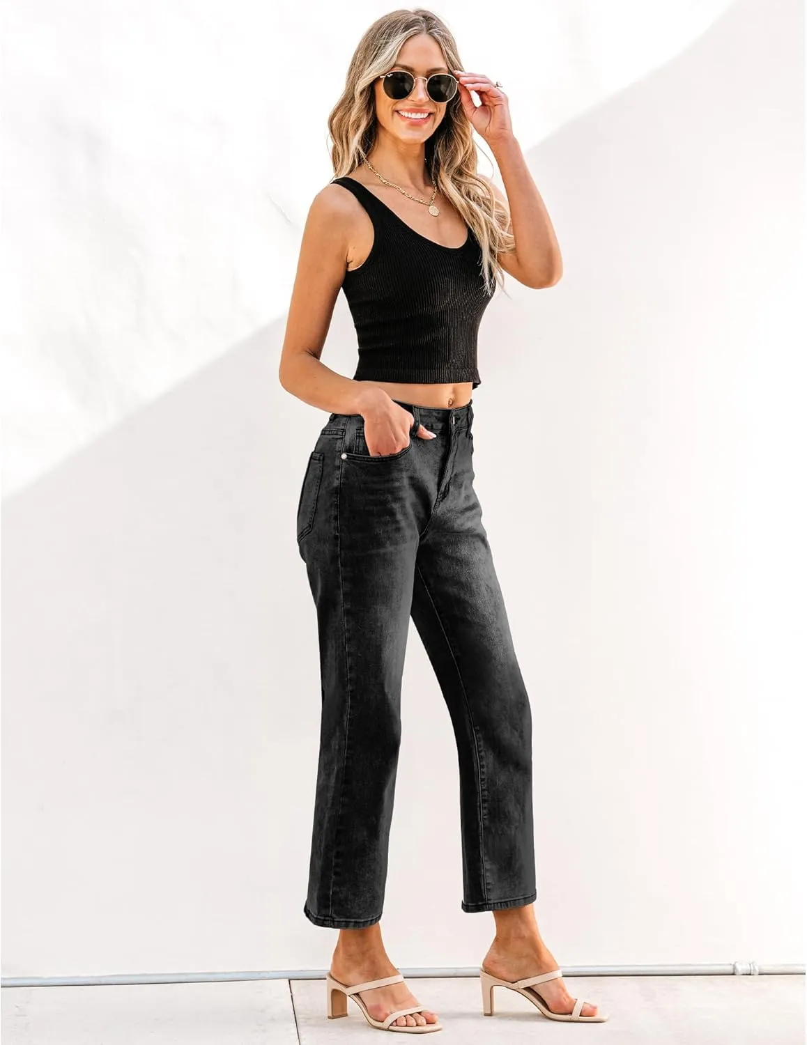 GRAPENT Jeans for Women Trendy High Waisted Baggy Straight Leg Stretchy Denim Ankle Pants Cropped Jeans with Pockets