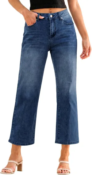 GRAPENT Jeans for Women Trendy High Waisted Baggy Straight Leg Stretchy Denim Ankle Pants Cropped Jeans with Pockets