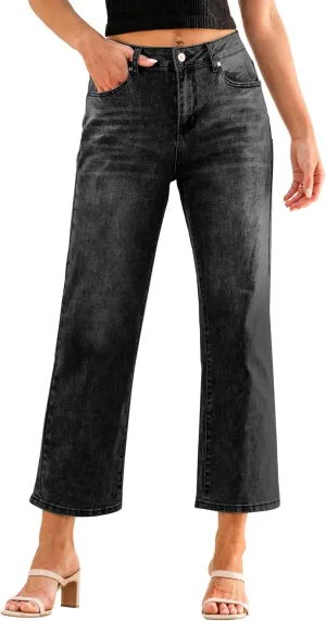 GRAPENT Jeans for Women Trendy High Waisted Baggy Straight Leg Stretchy Denim Ankle Pants Cropped Jeans with Pockets