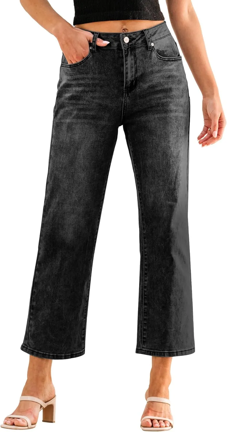 GRAPENT Jeans for Women Trendy High Waisted Baggy Straight Leg Stretchy Denim Ankle Pants Cropped Jeans with Pockets