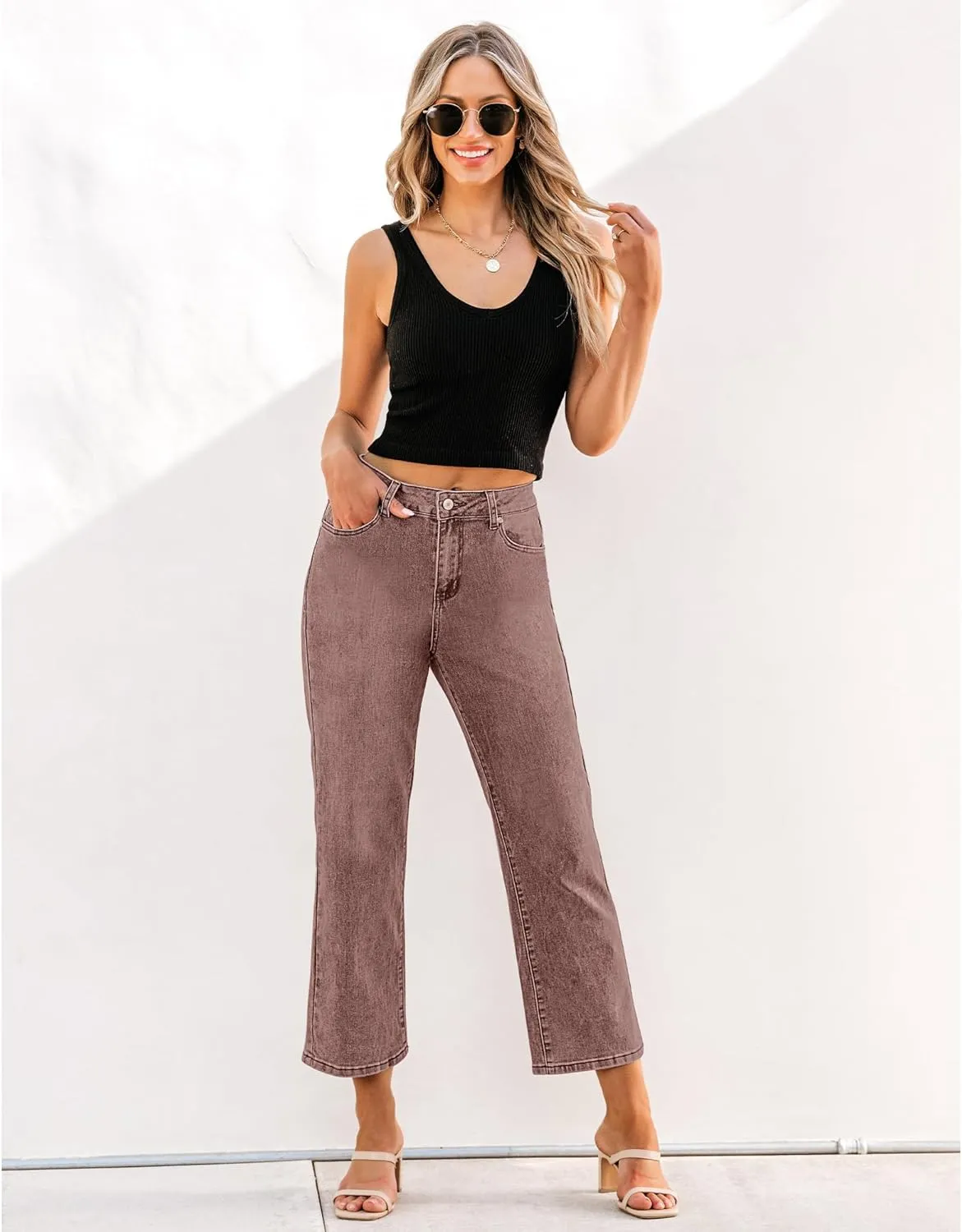 GRAPENT Jeans for Women Trendy High Waisted Baggy Straight Leg Stretchy Denim Ankle Pants Cropped Jeans with Pockets