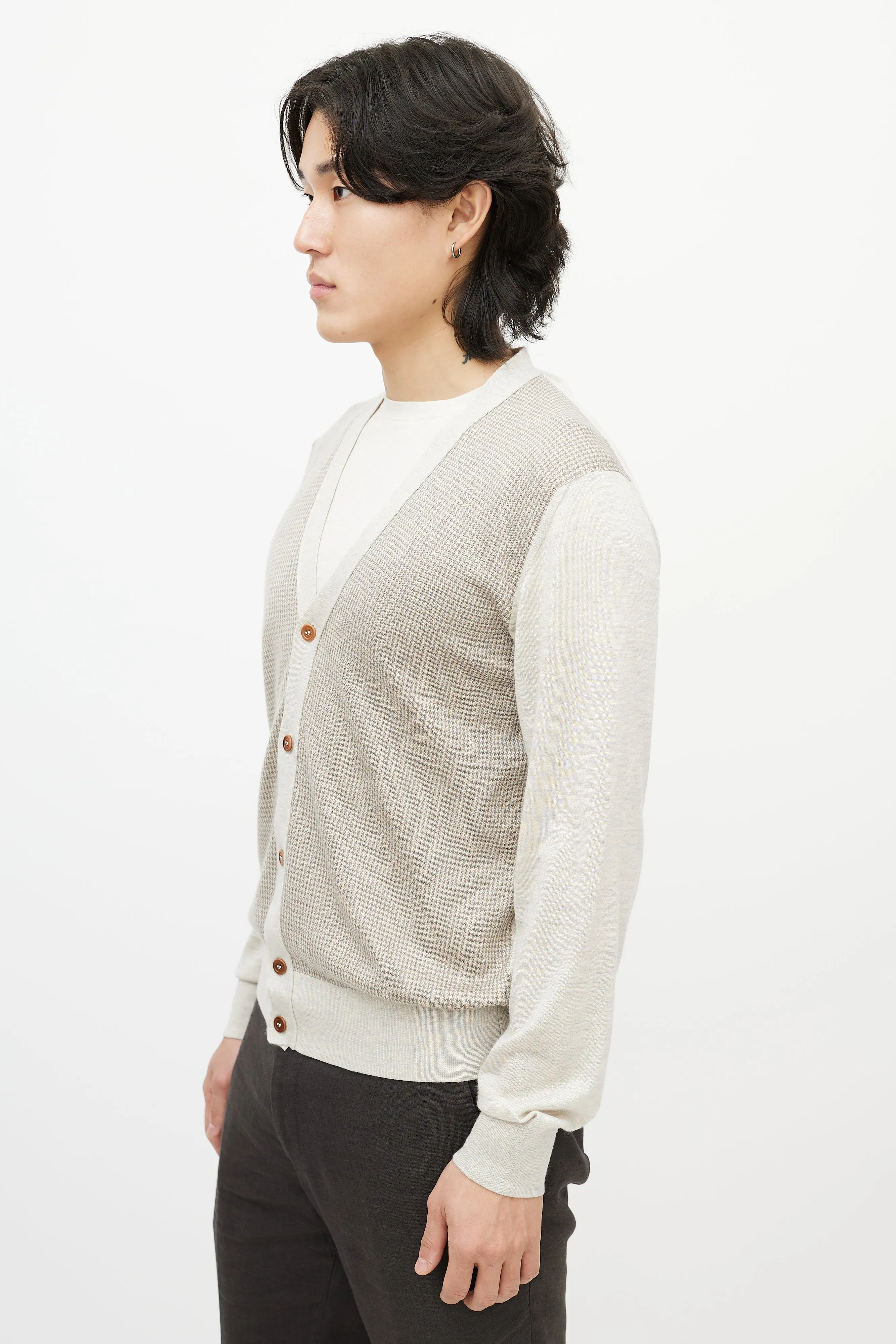 Grey & Brown Houndstooth Knit Cardigan