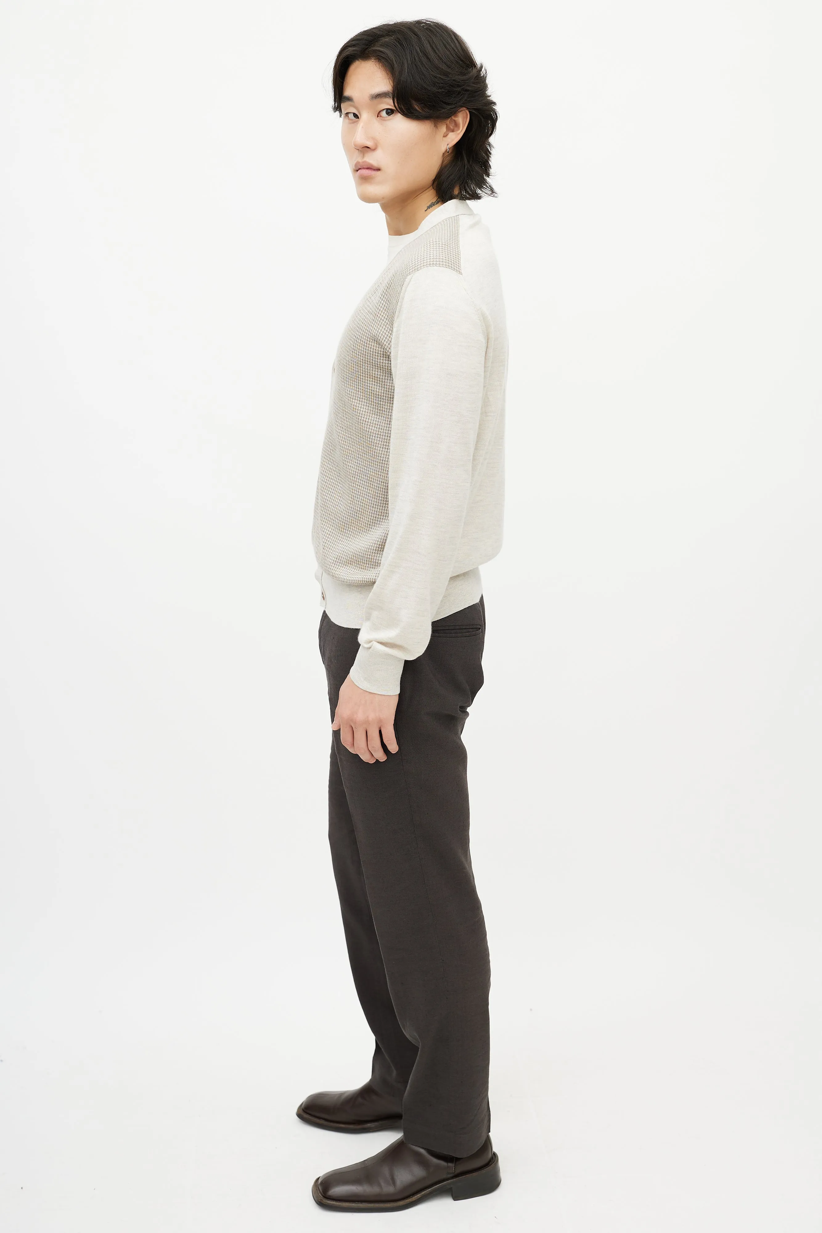 Grey & Brown Houndstooth Knit Cardigan