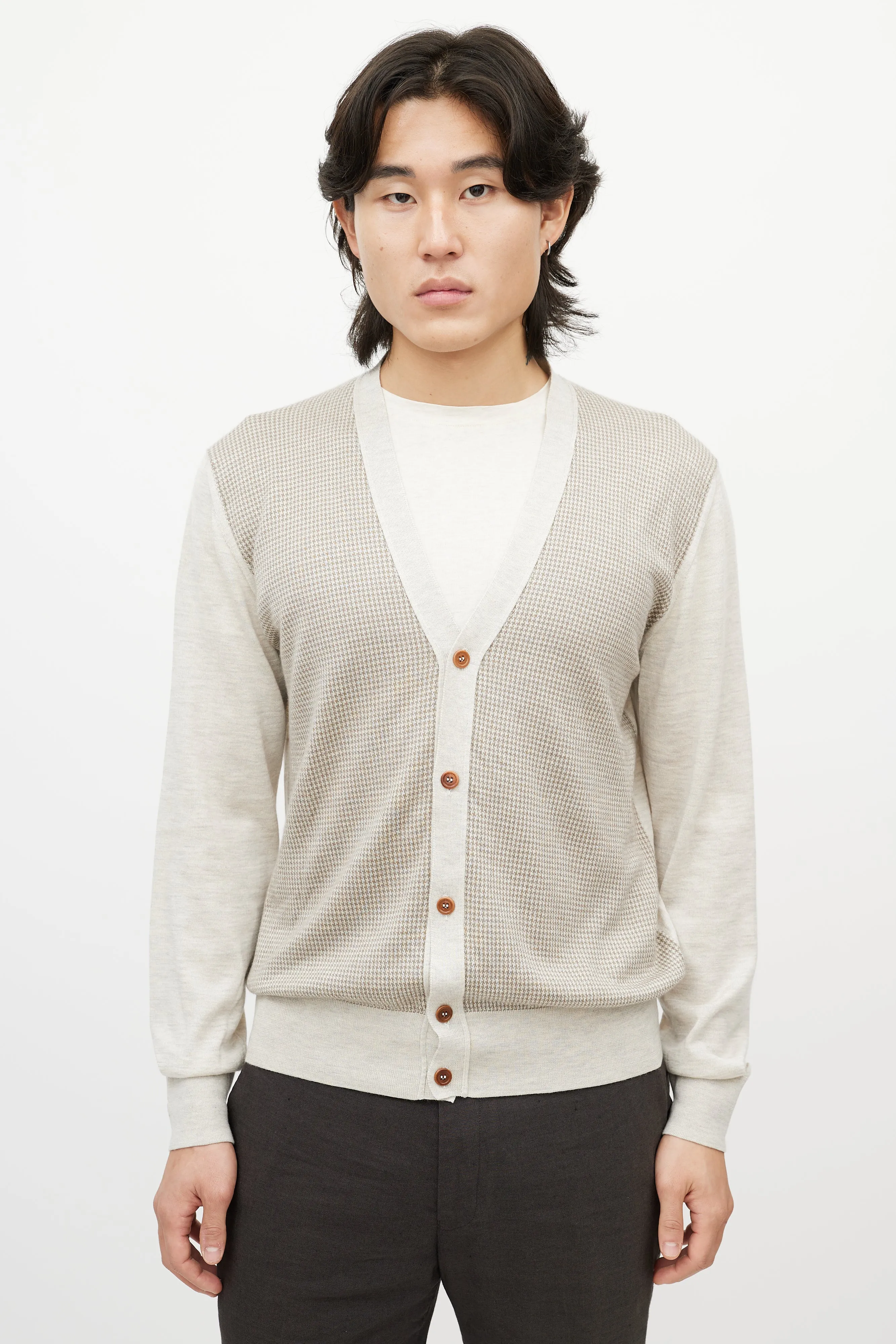 Grey & Brown Houndstooth Knit Cardigan