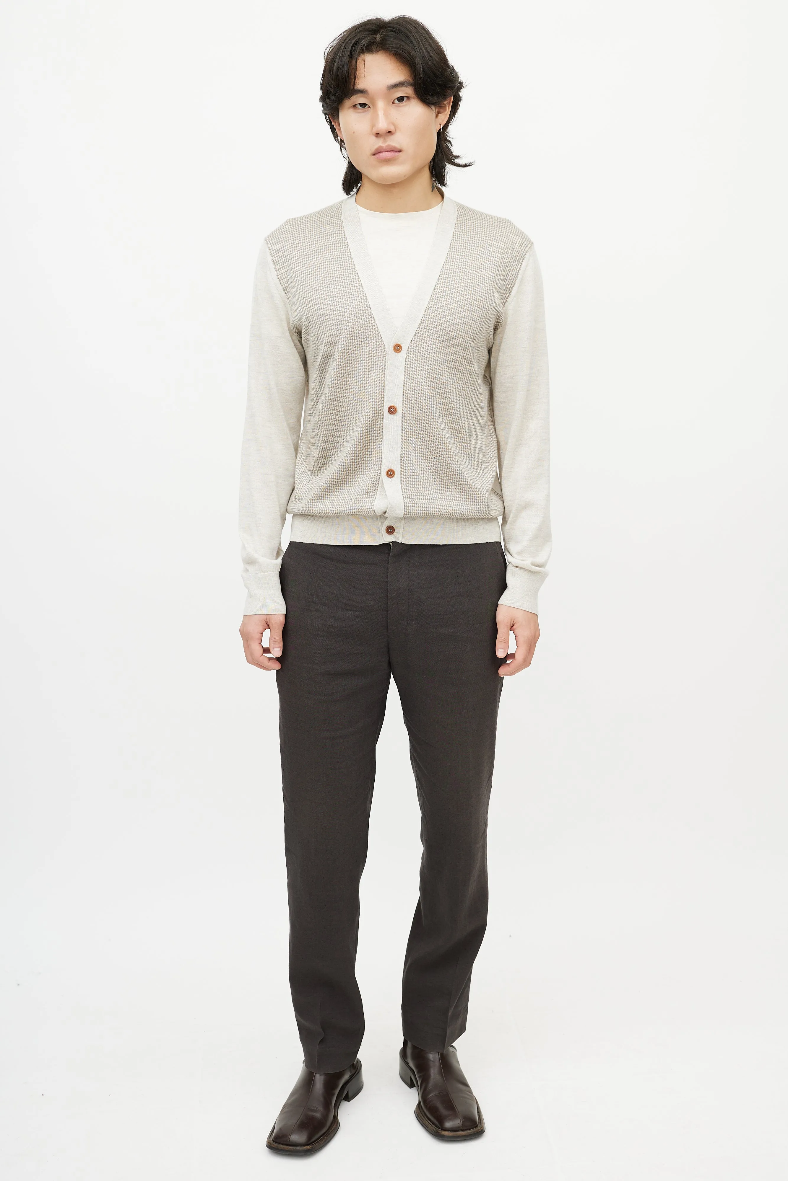 Grey & Brown Houndstooth Knit Cardigan