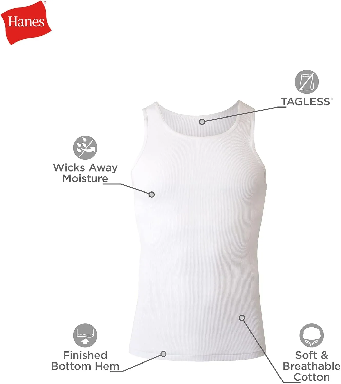 Hanes Men's, Moisture-Wicking Ribbed, Lightweight Cotton Tank Undershirts, Multi-Pack