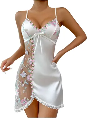 HGps8w Lingerie for Women Satin Nightgown Floral Embroidery Sexy Sheer See Through V Back Babydoll Sleepwear Boudoir Outfits