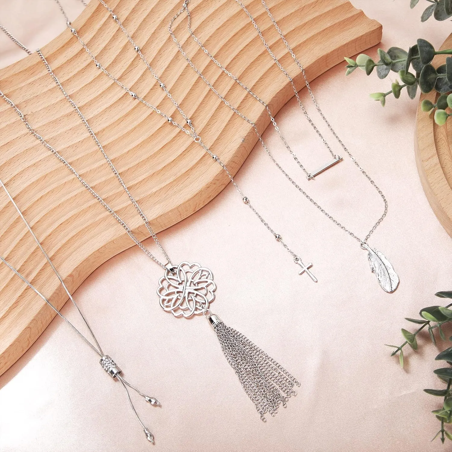Hicarer 12 Pieces Long Pendant Necklace Set Y Tassel Leaf Circle Bar Necklace for Women