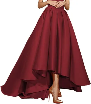 High Low Satin Skirts Pleated Maxi A Line High Waist Formal Prom Skirt Wedding Dress for Women